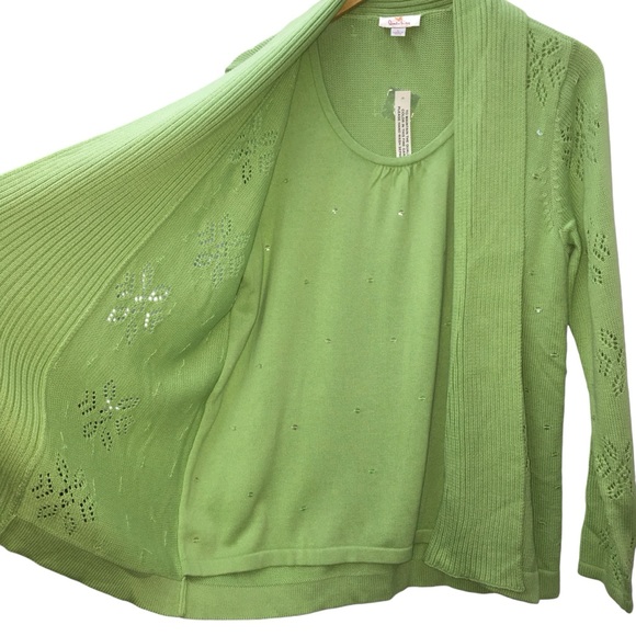 NEW Quacker Factory Snowflake Lime Green Mock 2PC Cardigan Sweater Womens Large - Picture 2 of 15
